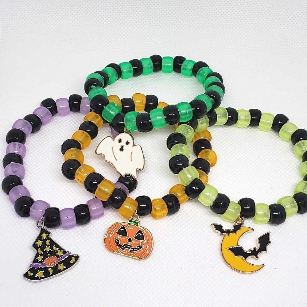 Handmade Beaded UV Glow in Dark Halloween Kandi Bracelet Bundle Set